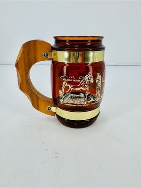 Vintage SIESTA WARE Amber Glass Barrel Mug Tennessee Souvenir wooden handle USA